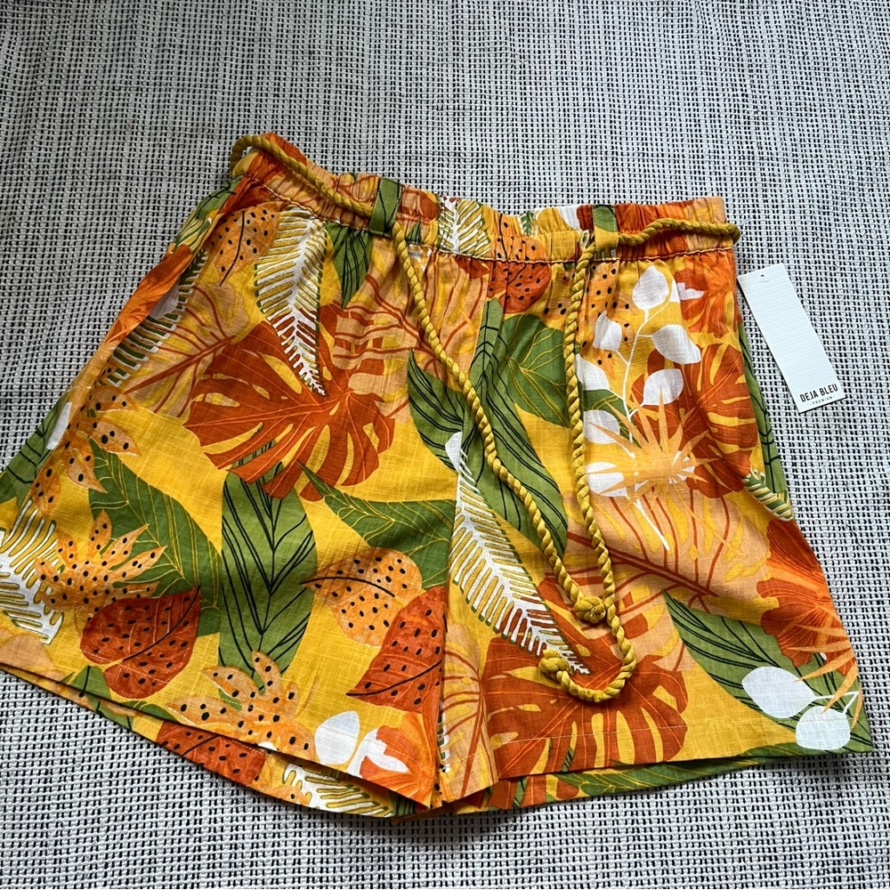 DEJA BLEU Premium Tropical Print Yellow High Waist Shorts Size XL